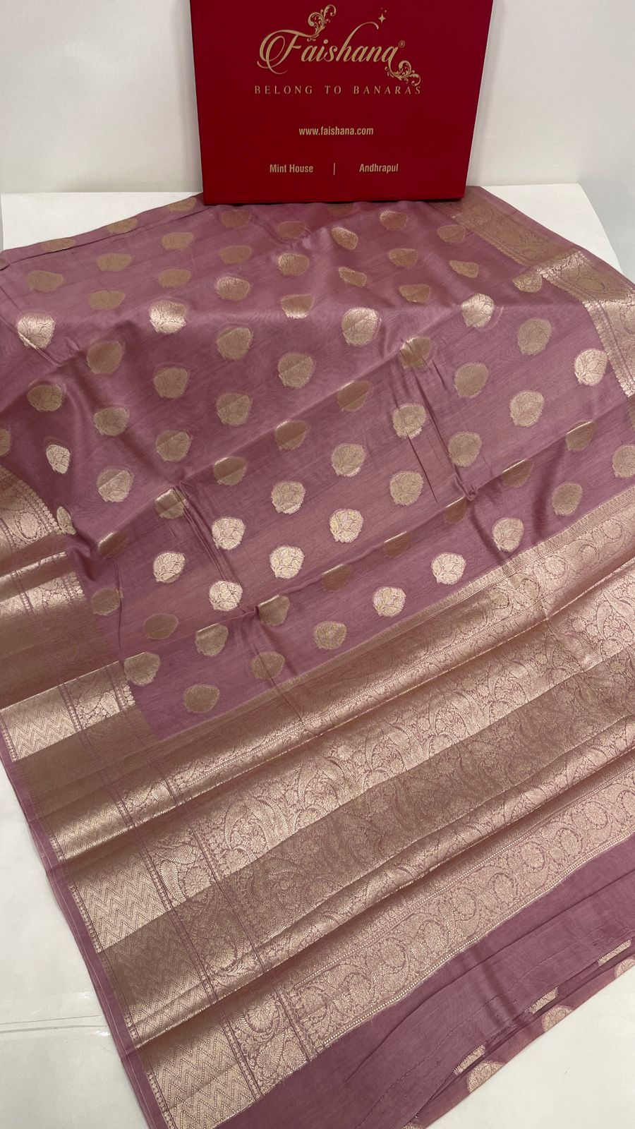 Faishana Pure Handloom Light Mauve Cotton Golden Zari Mina Booti with Skirt Banarasi Zari Border and Light Mauve Blouse