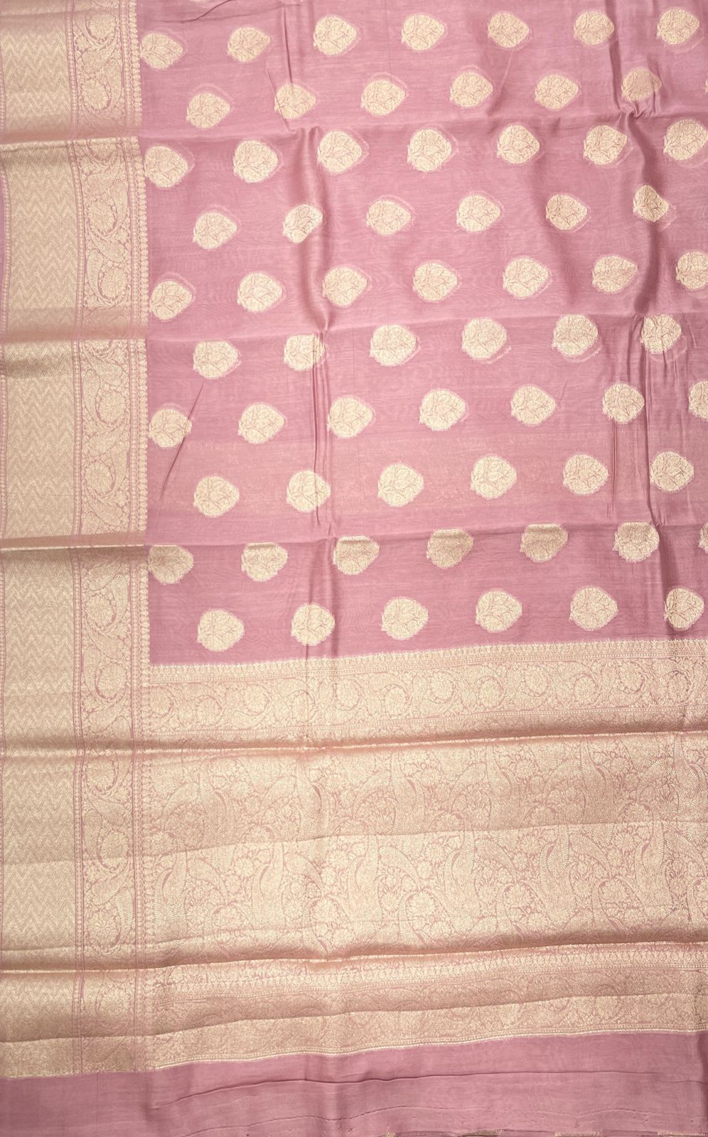 Faishana Pure Handloom Light Mauve Cotton Golden Zari Mina Booti with Skirt Banarasi Zari Border and Light Mauve Blouse