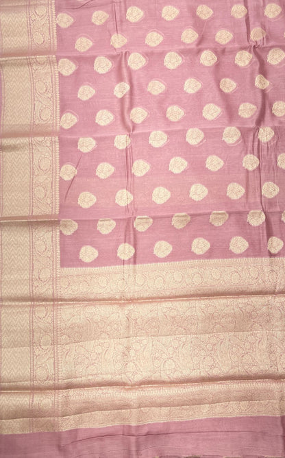 Faishana Pure Handloom Light Mauve Cotton Golden Zari Mina Booti with Skirt Banarasi Zari Border and Light Mauve Blouse