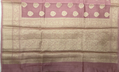 Faishana Pure Handloom Light Mauve Cotton Golden Zari Mina Booti with Skirt Banarasi Zari Border and Light Mauve Blouse