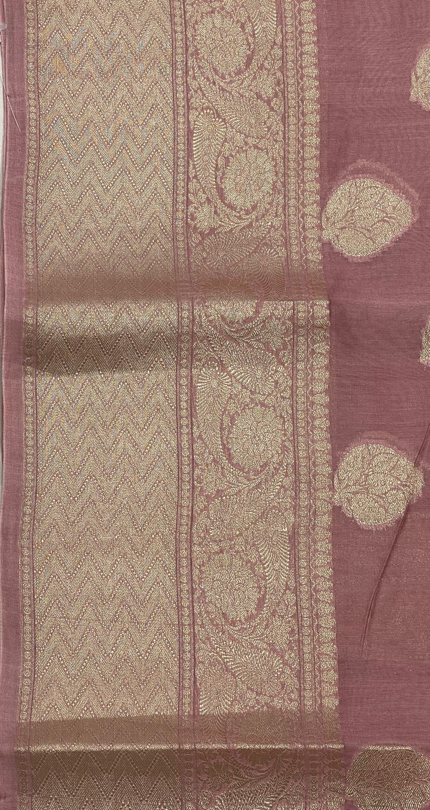 Faishana Pure Handloom Light Mauve Cotton Golden Zari Mina Booti with Skirt Banarasi Zari Border and Light Mauve Blouse