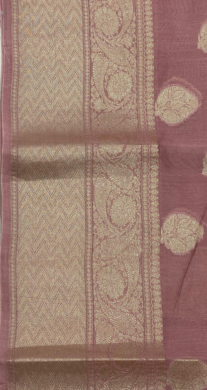 Faishana Pure Handloom Light Mauve Cotton Golden Zari Mina Booti with Skirt Banarasi Zari Border and Light Mauve Blouse