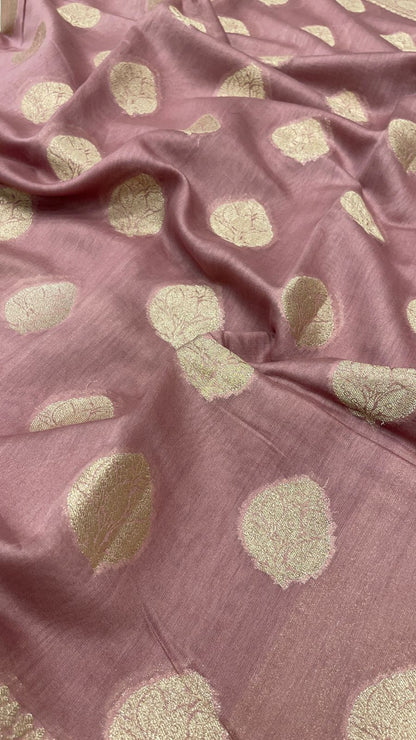 Faishana Pure Handloom Light Mauve Cotton Golden Zari Mina Booti with Skirt Banarasi Zari Border and Light Mauve Blouse