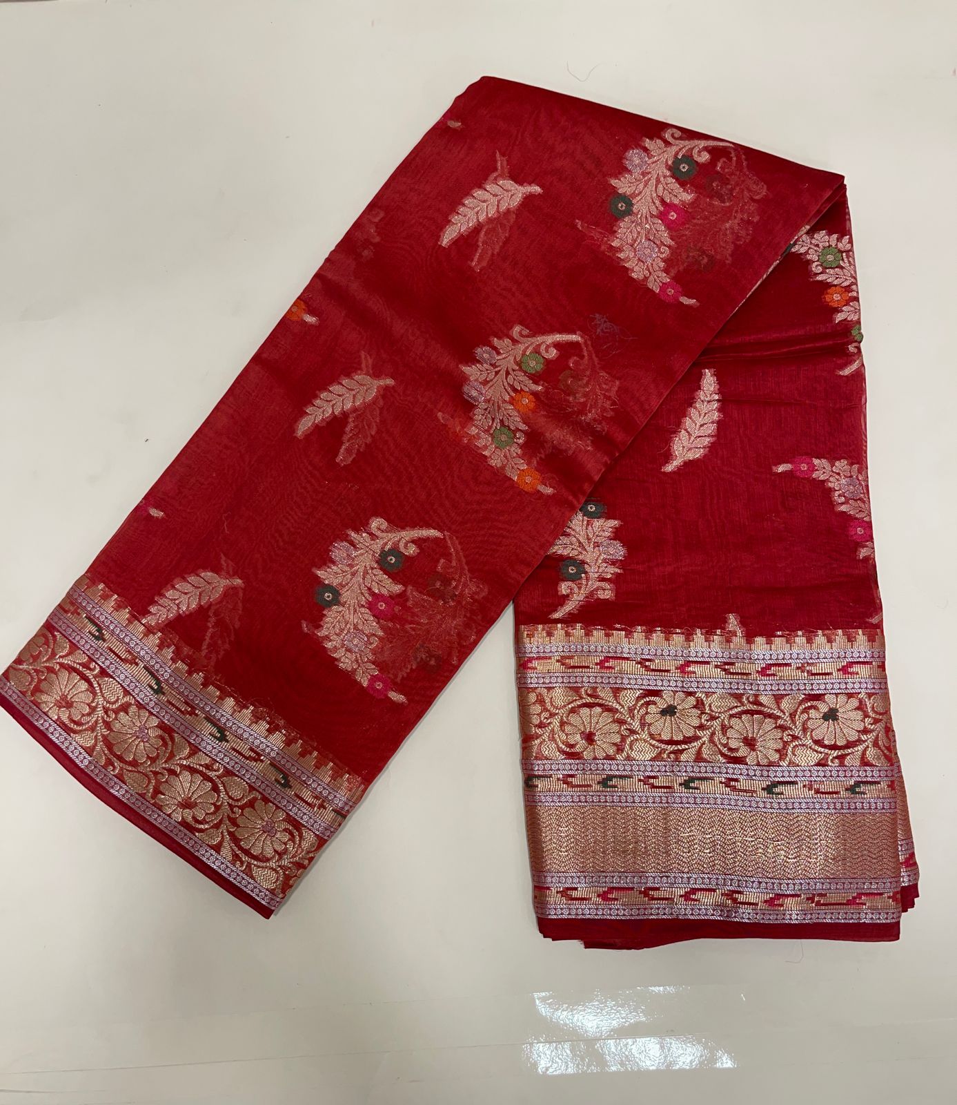 Faishana Pure Handloom Red Cotton Golden Zari Mina Boota with Skirt Mina Banarasi Zari Border and Red Blouse