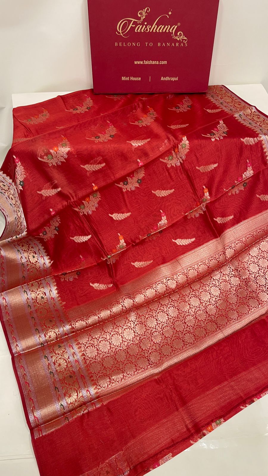 Faishana Pure Handloom Red Cotton Golden Zari Mina Boota with Skirt Mina Banarasi Zari Border and Red Blouse