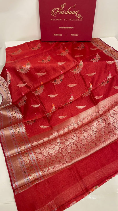 Faishana Pure Handloom Red Cotton Golden Zari Mina Boota with Skirt Mina Banarasi Zari Border and Red Blouse