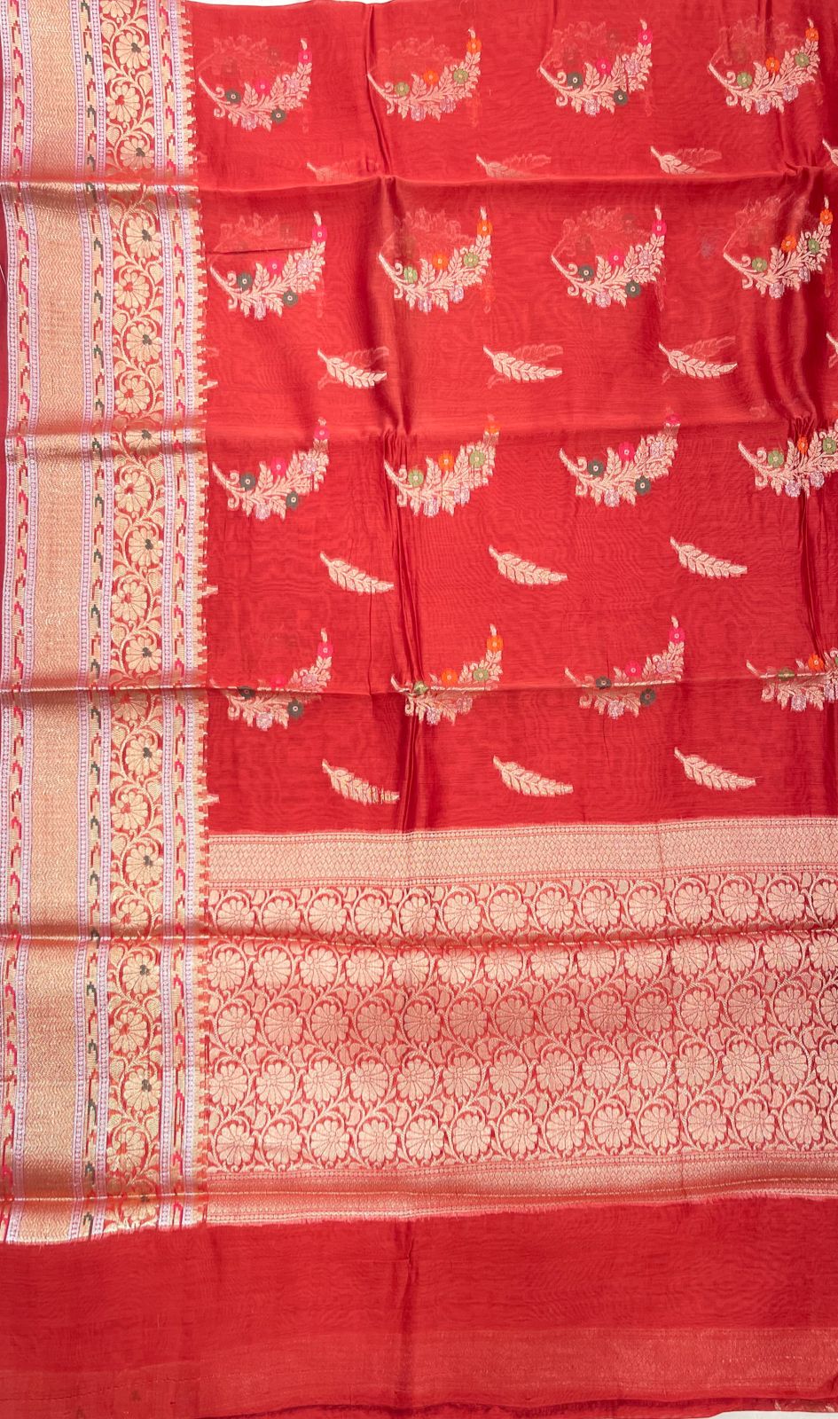 Faishana Pure Handloom Red Cotton Golden Zari Mina Boota with Skirt Mina Banarasi Zari Border and Red Blouse