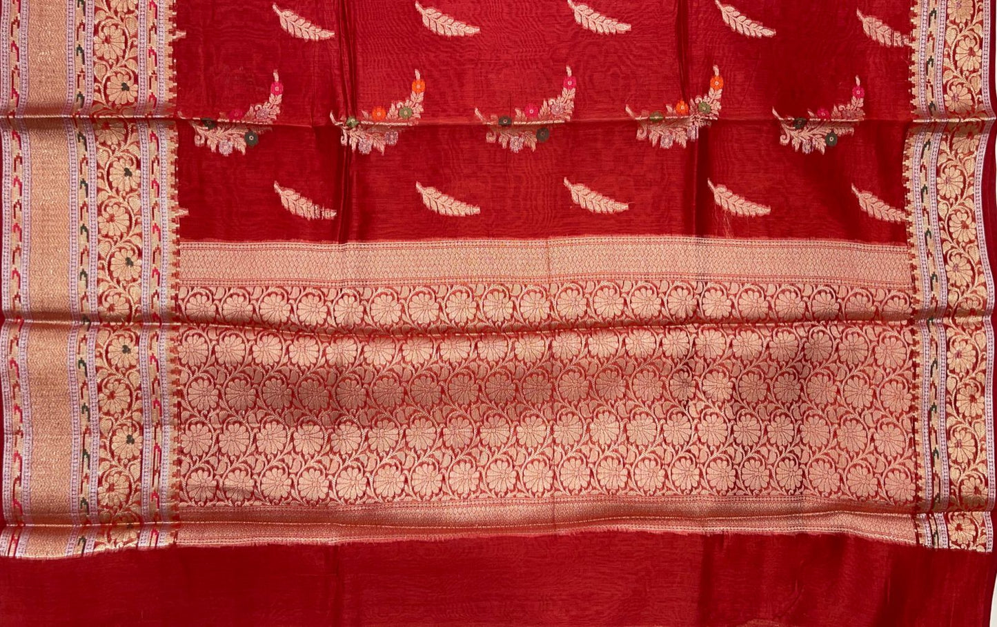 Faishana Pure Handloom Red Cotton Golden Zari Mina Boota with Skirt Mina Banarasi Zari Border and Red Blouse