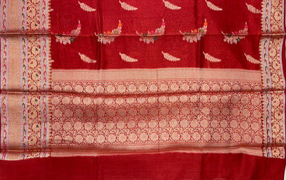 Faishana Pure Handloom Red Cotton Golden Zari Mina Boota with Skirt Mina Banarasi Zari Border and Red Blouse