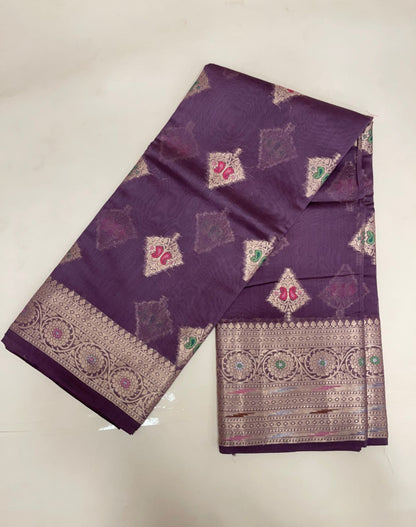 Faishana Pure Handloom Light Purple Cotton Silver Zari Mina Boota with Skirt Mina Zari Border and Light Purple Blouse