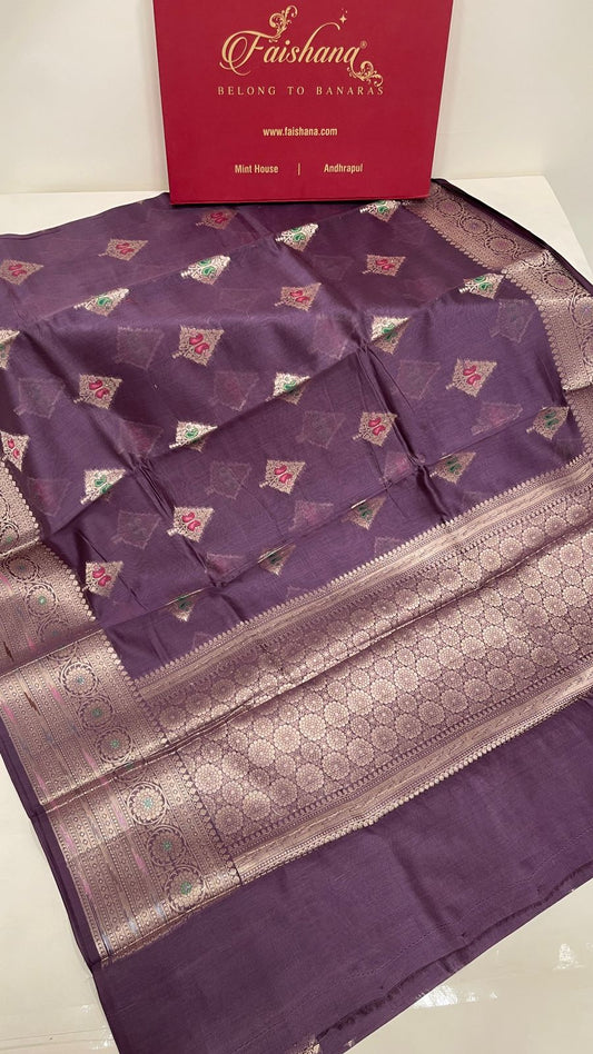Faishana Pure Handloom Light Purple Cotton Silver Zari Mina Boota with Skirt Mina Zari Border and Light Purple Blouse