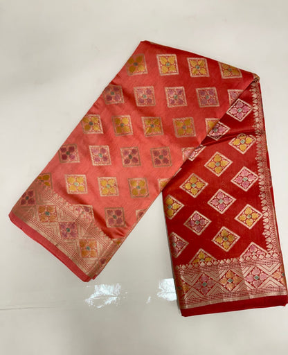 Faishana Pure Handloom Red Cotton Golden Zari Hand Painted Booti with Golden Zari Zig-Zag Handpainted Pallu Zari Border and Red Blouse
