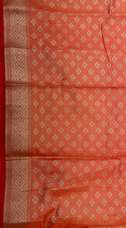Faishana Pure Handloom Red Cotton Golden Zari Hand Painted Booti with Golden Zari Zig-Zag Handpainted Pallu Zari Border and Red Blouse