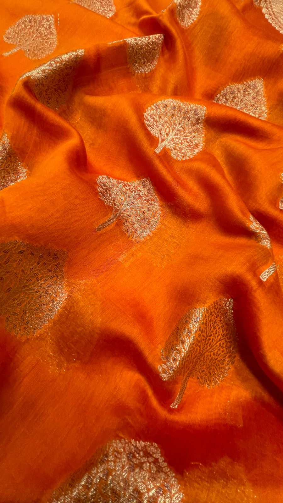 Faishana Pure Handloom Orange Cotton Golden Zari Paan Boota with Skirt Floral Zari Border and Orange Blouse