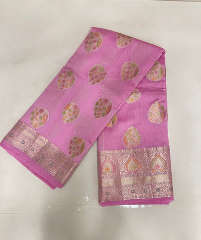 Faishana Pure Handloom Baby Pink Cotton Floral Zari Hand Painted Boota with Baby Pink Floral Hand Painted Pallu and 2D Zari Border with Baby Pink Blouse