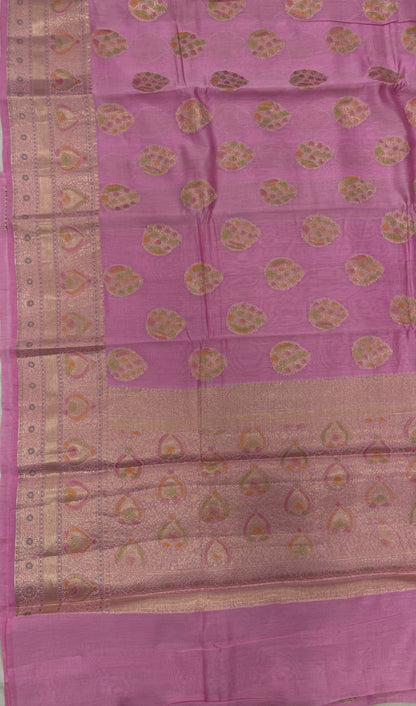 Faishana Pure Handloom Baby Pink Cotton Floral Zari Hand Painted Boota with Baby Pink Floral Hand Painted Pallu and 2D Zari Border with Baby Pink Blouse