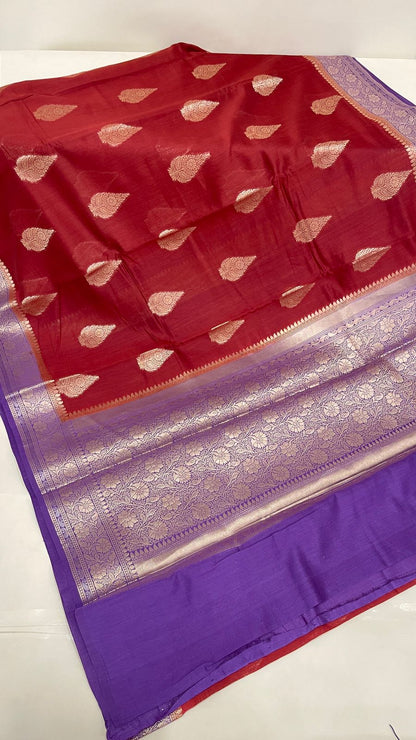 Faishana Pure Handloom Maroon Cotton Golden Zari Floral Boota with Contrast Violet Floral Zari Jaal Pallu and Border with Violet Blouse