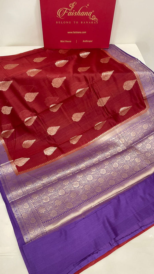 Faishana Pure Handloom Maroon Cotton Golden Zari Floral Boota with Contrast Violet Floral Zari Jaal Pallu and Border with Violet Blouse