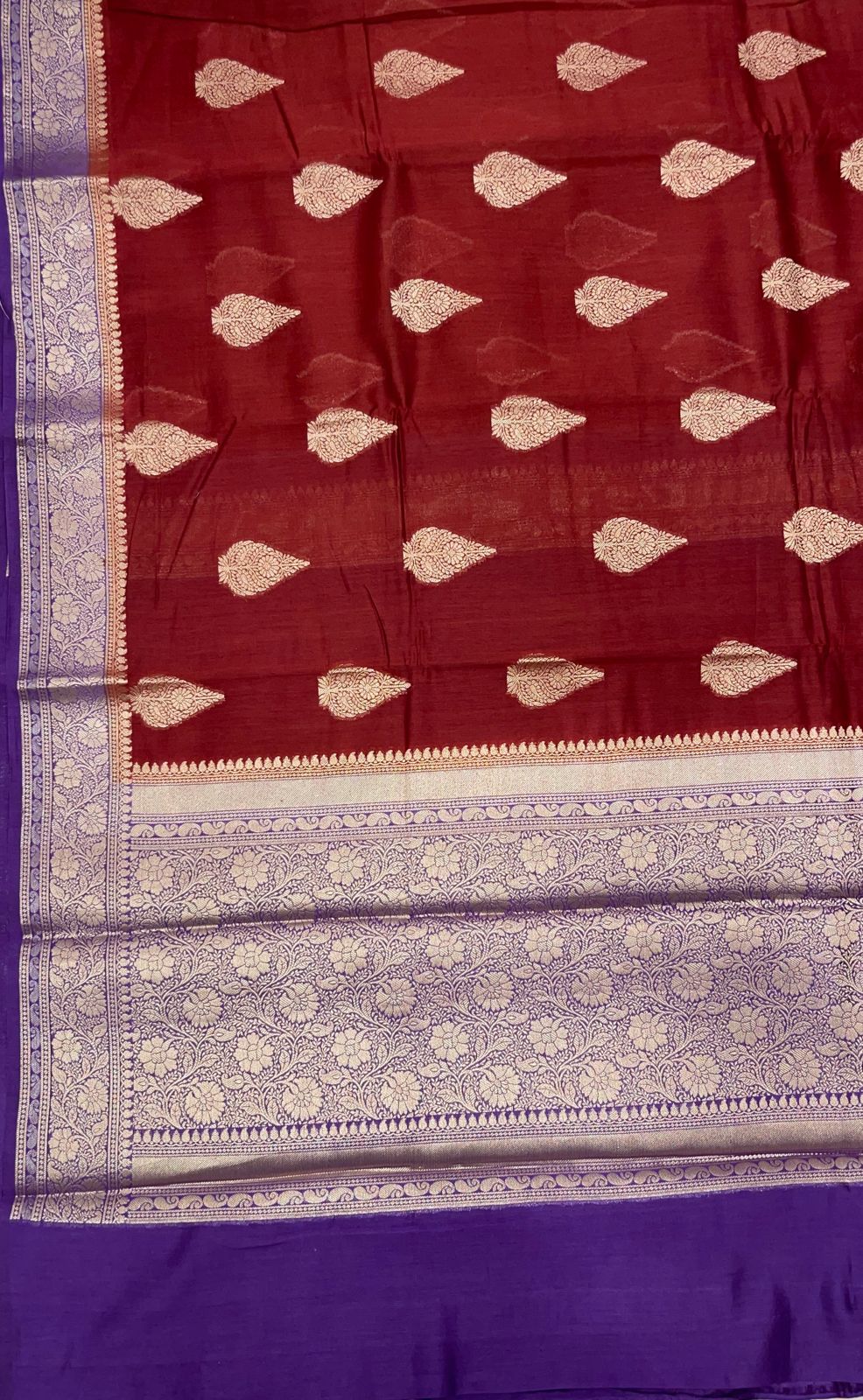 Faishana Pure Handloom Maroon Cotton Golden Zari Floral Boota with Contrast Violet Floral Zari Jaal Pallu and Border with Violet Blouse