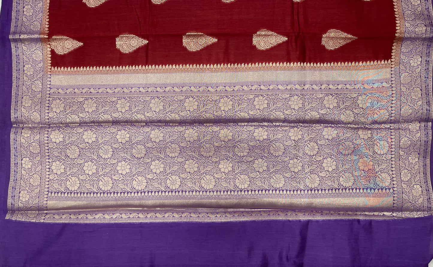 Faishana Pure Handloom Maroon Cotton Golden Zari Floral Boota with Contrast Violet Floral Zari Jaal Pallu and Border with Violet Blouse