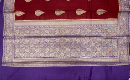 Faishana Pure Handloom Maroon Cotton Golden Zari Floral Boota with Contrast Violet Floral Zari Jaal Pallu and Border with Violet Blouse