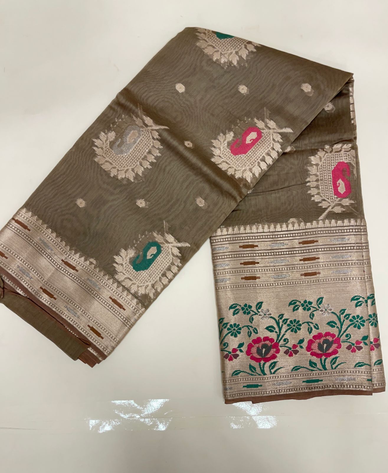 Faishana Pure Handloom Olive Green Cotton Minakari Zari Boota with Skirt Minakari Floral Zari Border and Pallu with Olive Green Blouse