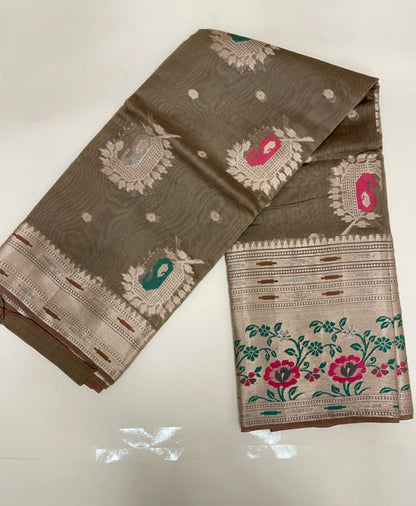 Faishana Pure Handloom Olive Green Cotton Minakari Zari Boota with Skirt Minakari Floral Zari Border and Pallu with Olive Green Blouse