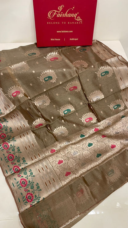 Faishana Pure Handloom Olive Green Cotton Minakari Zari Boota with Skirt Minakari Floral Zari Border and Pallu with Olive Green Blouse
