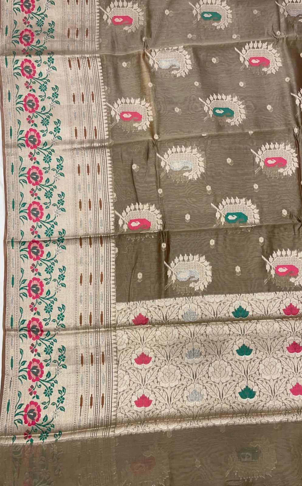 Faishana Pure Handloom Olive Green Cotton Minakari Zari Boota with Skirt Minakari Floral Zari Border and Pallu with Olive Green Blouse