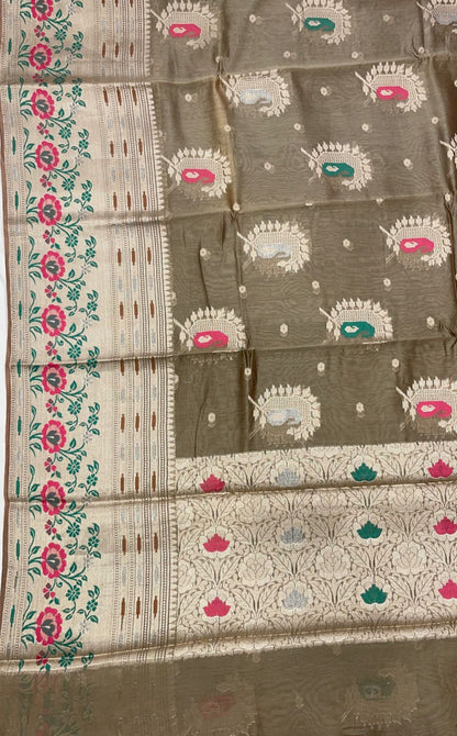 Faishana Pure Handloom Olive Green Cotton Minakari Zari Boota with Skirt Minakari Floral Zari Border and Pallu with Olive Green Blouse
