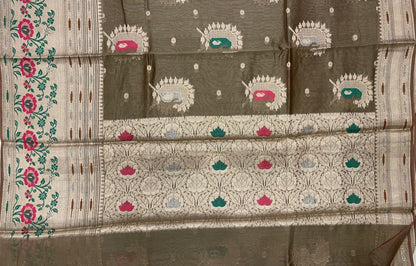 Faishana Pure Handloom Olive Green Cotton Minakari Zari Boota with Skirt Minakari Floral Zari Border and Pallu with Olive Green Blouse