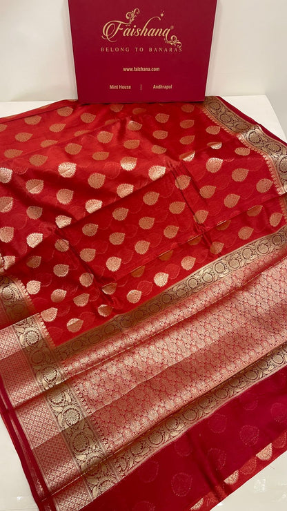 Faishana Pure Handloom Red Cotton Golden Zari Floral Booti with Red Floral Zari Pallu and 2D Zari Border with Red Blouse