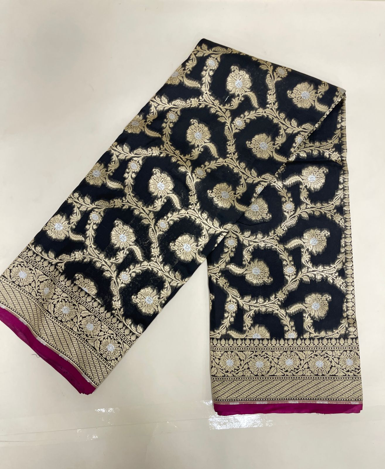 Faishana Presents Black Katan Silk Floral Tilfi Zari Mina Jaal with Leaf Pattern Silver Mina Pallu Zari Border and Black Blouse