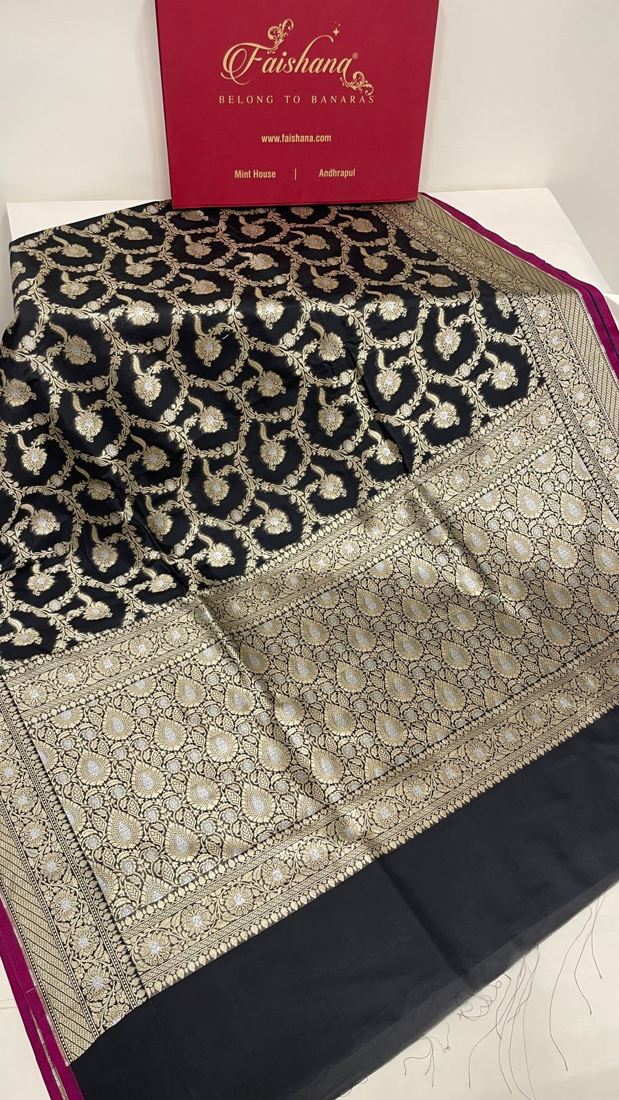 Faishana Presents Black Katan Silk Floral Tilfi Zari Mina Jaal with Leaf Pattern Silver Mina Pallu Zari Border and Black Blouse