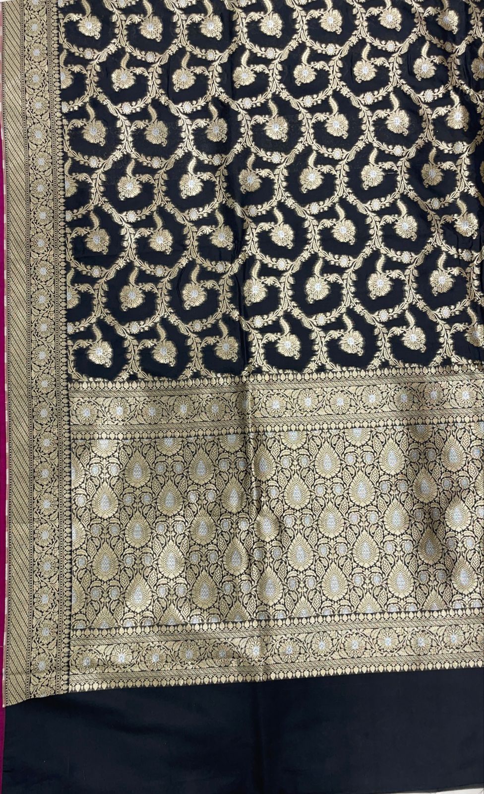 Faishana Presents Black Katan Silk Floral Tilfi Zari Mina Jaal with Leaf Pattern Silver Mina Pallu Zari Border and Black Blouse