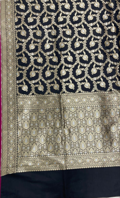 Faishana Presents Black Katan Silk Floral Tilfi Zari Mina Jaal with Leaf Pattern Silver Mina Pallu Zari Border and Black Blouse