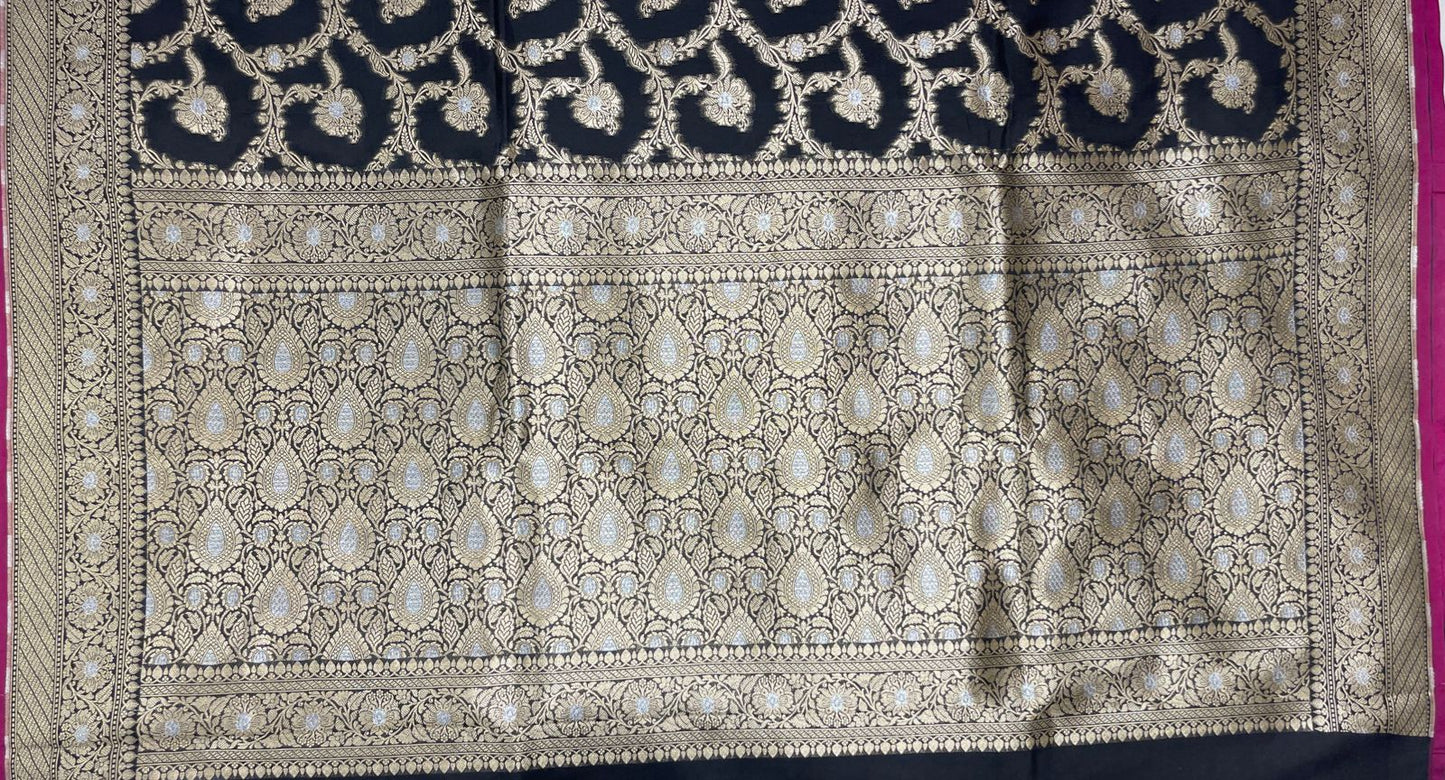 Faishana Presents Black Katan Silk Floral Tilfi Zari Mina Jaal with Leaf Pattern Silver Mina Pallu Zari Border and Black Blouse