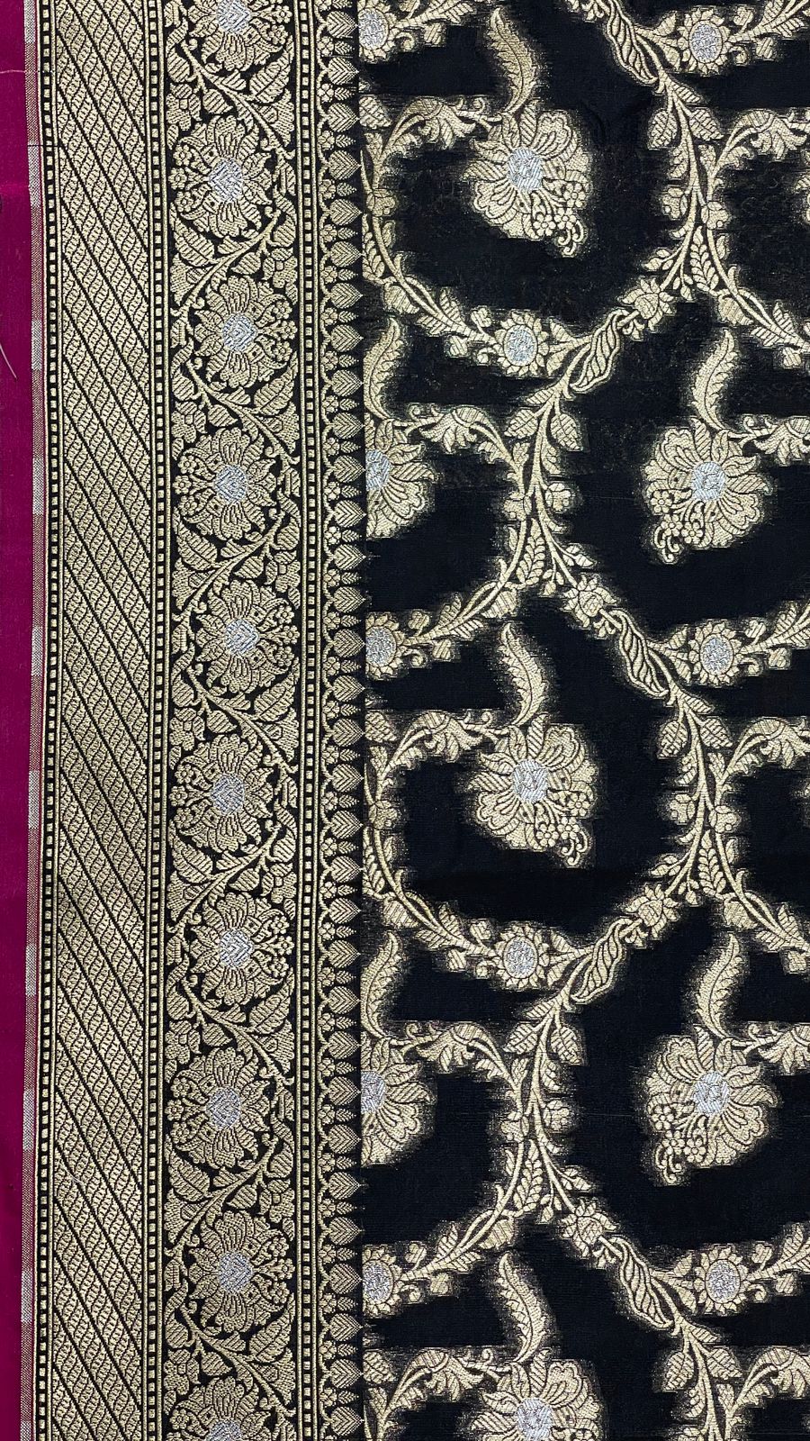 Faishana Presents Black Katan Silk Floral Tilfi Zari Mina Jaal with Leaf Pattern Silver Mina Pallu Zari Border and Black Blouse
