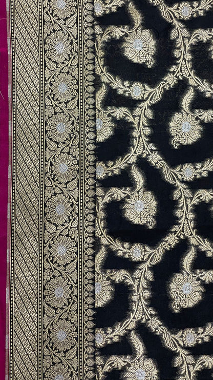 Faishana Presents Black Katan Silk Floral Tilfi Zari Mina Jaal with Leaf Pattern Silver Mina Pallu Zari Border and Black Blouse