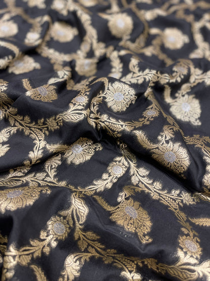 Faishana Presents Black Katan Silk Floral Tilfi Zari Mina Jaal with Leaf Pattern Silver Mina Pallu Zari Border and Black Blouse