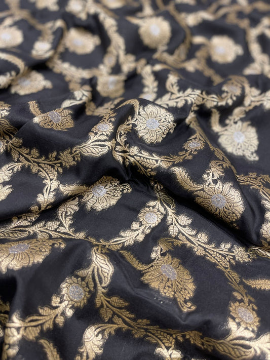 Faishana Presents Black Katan Silk Floral Tilfi Zari Mina Jaal with Leaf Pattern Silver Mina Pallu Zari Border and Black Blouse