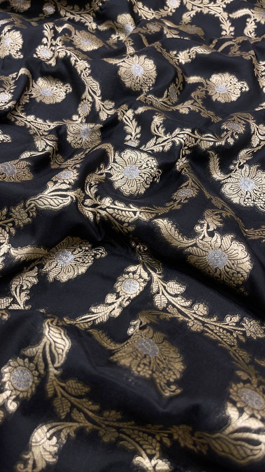 Faishana Presents Black Katan Silk Floral Tilfi Zari Mina Jaal with Leaf Pattern Silver Mina Pallu Zari Border and Black Blouse