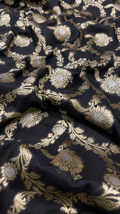 Faishana Presents Black Katan Silk Floral Tilfi Zari Mina Jaal with Leaf Pattern Silver Mina Pallu Zari Border and Black Blouse