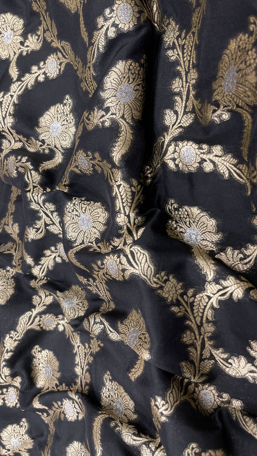 Faishana Presents Black Katan Silk Floral Tilfi Zari Mina Jaal with Leaf Pattern Silver Mina Pallu Zari Border and Black Blouse