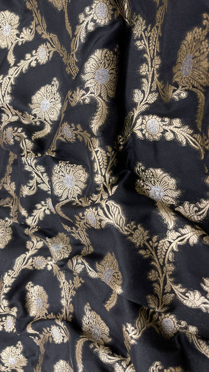 Faishana Presents Black Katan Silk Floral Tilfi Zari Mina Jaal with Leaf Pattern Silver Mina Pallu Zari Border and Black Blouse