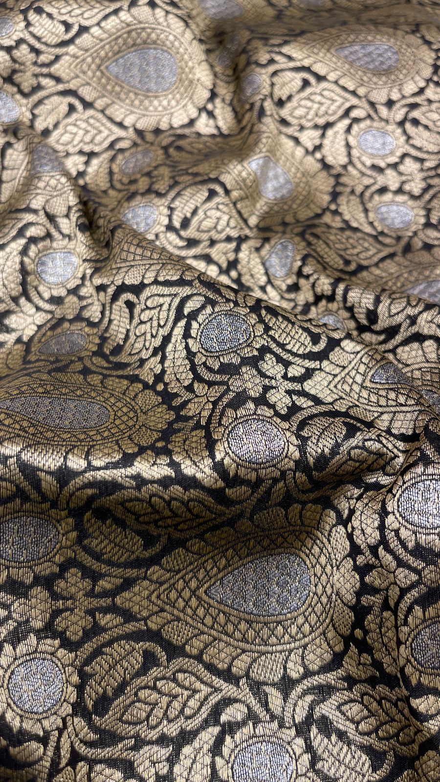 Faishana Presents Black Katan Silk Floral Tilfi Zari Mina Jaal with Leaf Pattern Silver Mina Pallu Zari Border and Black Blouse