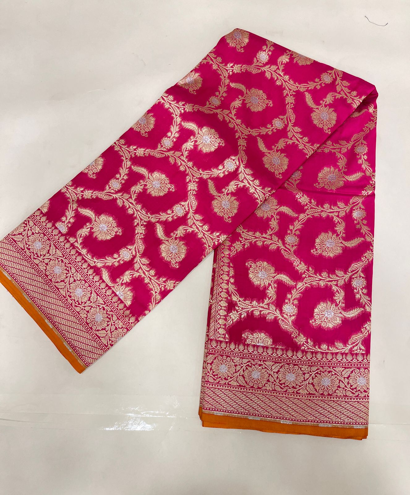 Faishana Presents Pink Katan Silk Floral Tilfi Zari Mina Jaal with Leaf Pattern Silver Mina Pallu Zari Border and Pink Blouse