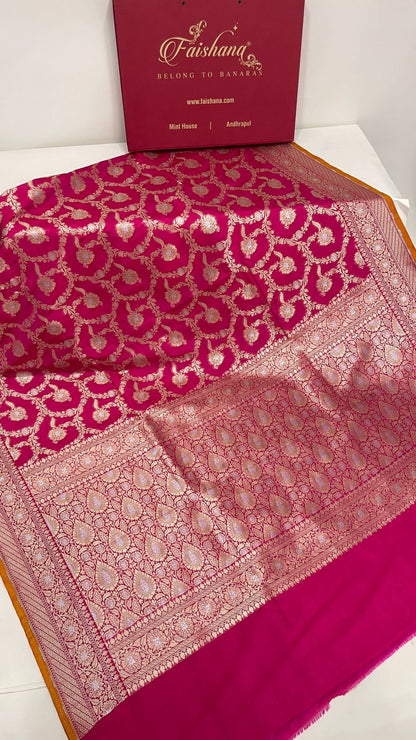 Faishana Presents Pink Katan Silk Floral Tilfi Zari Mina Jaal with Leaf Pattern Silver Mina Pallu Zari Border and Pink Blouse
