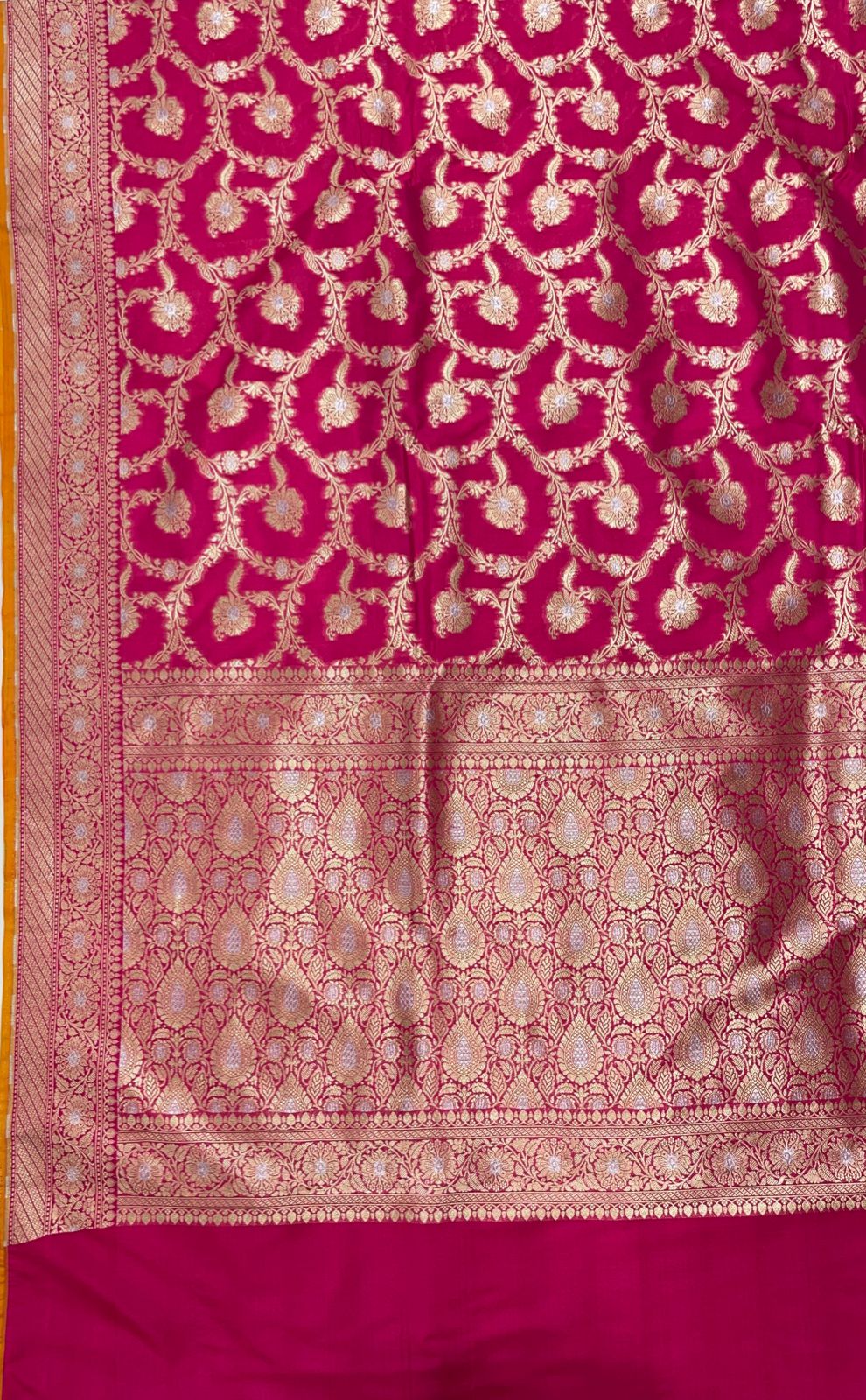 Faishana Presents Pink Katan Silk Floral Tilfi Zari Mina Jaal with Leaf Pattern Silver Mina Pallu Zari Border and Pink Blouse