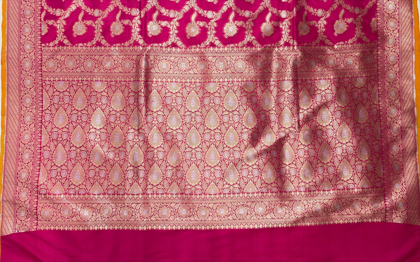 Faishana Presents Pink Katan Silk Floral Tilfi Zari Mina Jaal with Leaf Pattern Silver Mina Pallu Zari Border and Pink Blouse